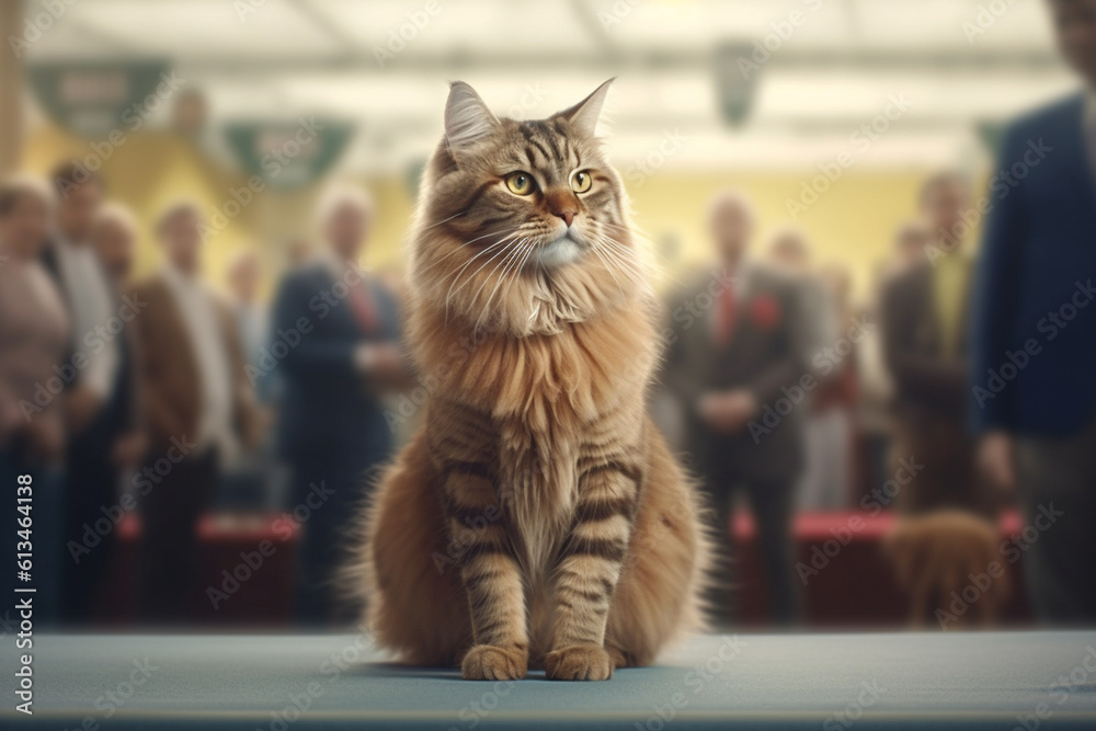 Aufkleber a well-groomed show cat being admired by a judge in a cat show, highlighting the variety and beauty 