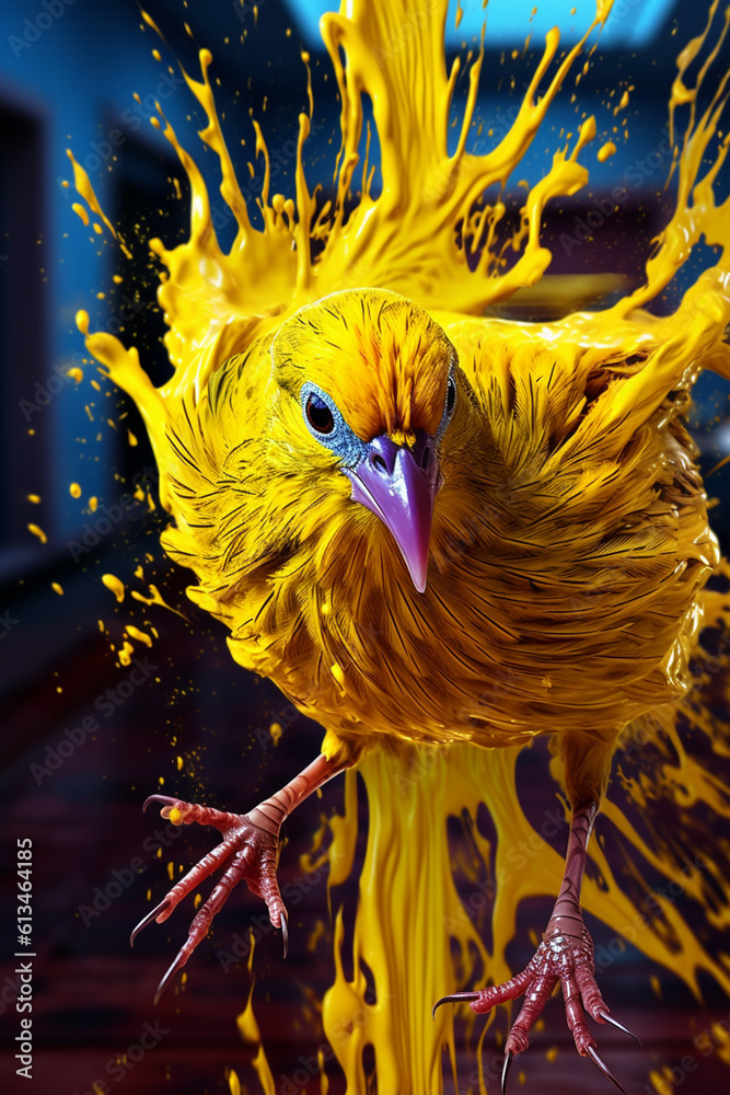 Poster an abstract surreal photograph of a canary splashed in bright paint, contemporary colors and mood so