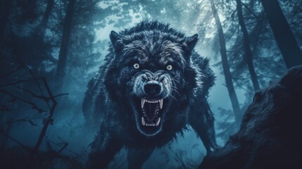 A large black wolf walking through a forest. Generative AI image.