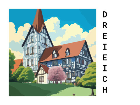 Dreieich: Vintage artistic travel poster with a German scenic panorama and the title Dreieich