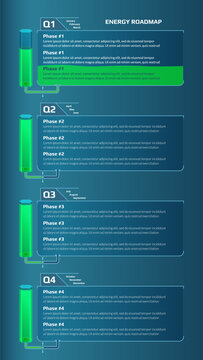 Vertical roadmap for game project with energy tank and quarters connected by pipes with taps on blue background. Timeline infographic template for business presentation. Vector.