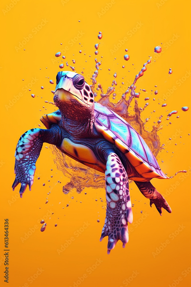 Aufkleber an abstract surreal photograph of a turtle splashed in bright paint, contemporary colors and mood so