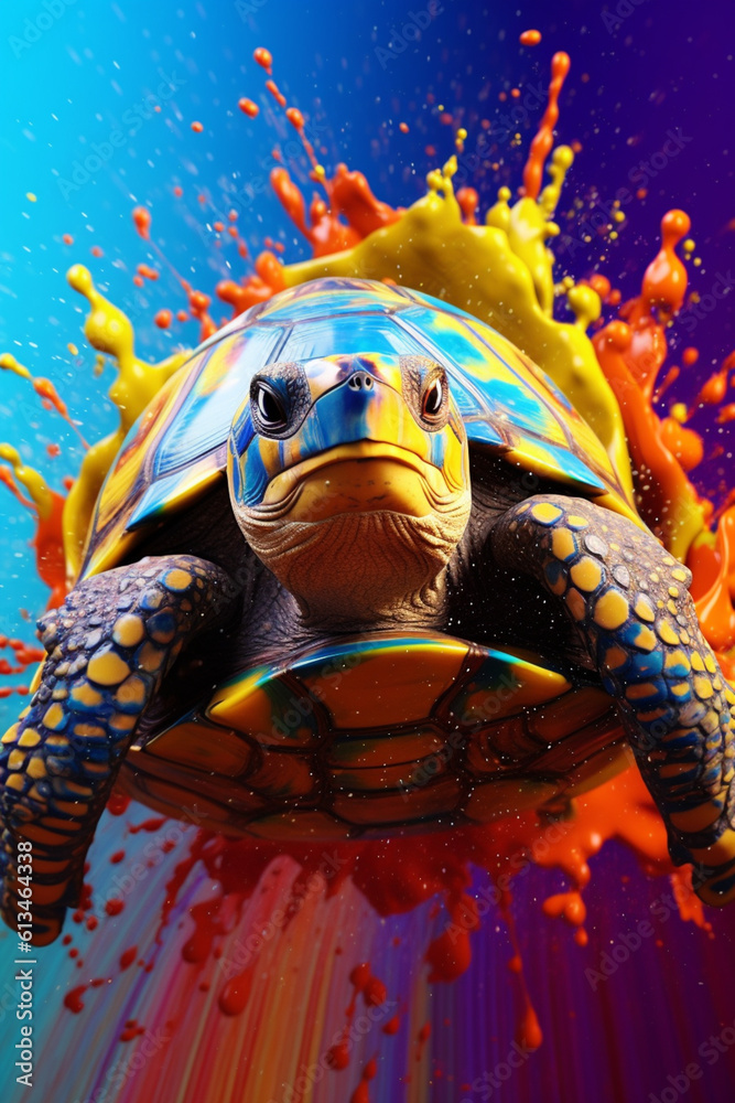 Poster an abstract surreal photograph of a tortoise splashed in bright paint, contemporary colors and mood 