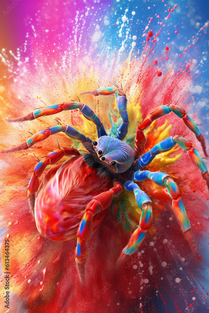 Poster an abstract surreal photograph of a tarantula splashed in bright paint, contemporary colors and mood