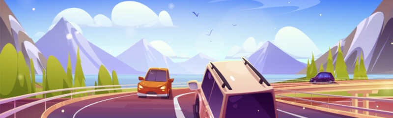 Car road trip to mountain vector cartoon landscape. Summer travel adventure to drive on curve highway. Curvy route to ocean water and alps environment perspective scene. Weekend vehicle traffic