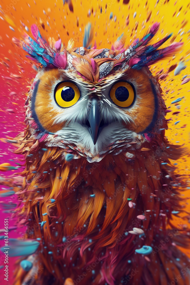 Poster an abstract surreal photograph of a owl splashed in bright paint, contemporary colors and mood socia