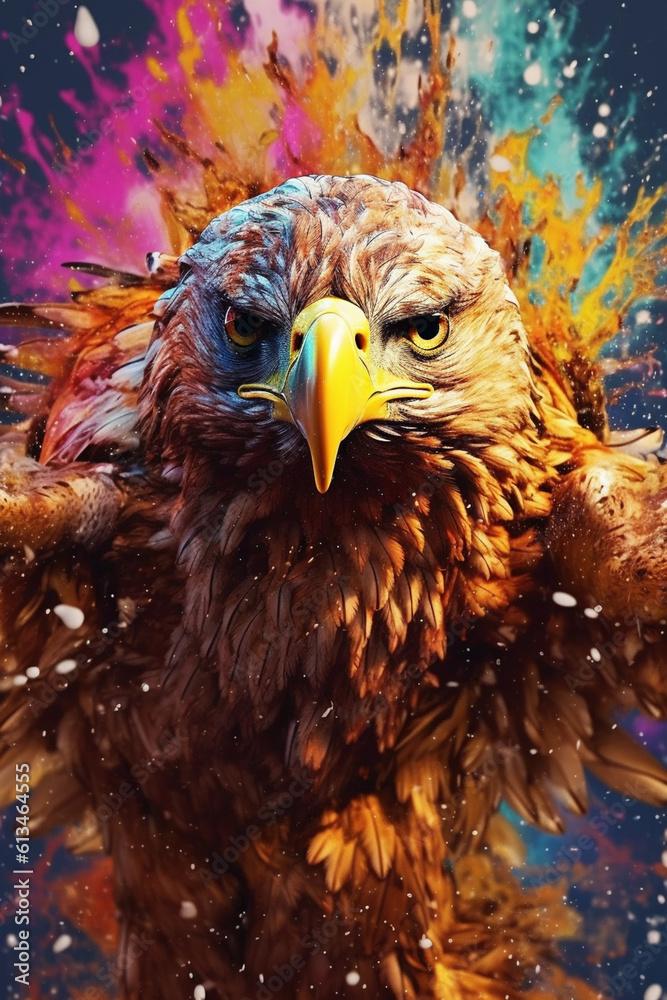 Poster an abstract surreal photograph of a eagle splashed in bright paint, contemporary colors and mood soc
