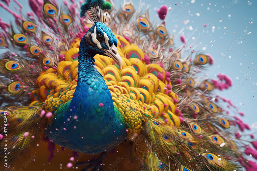 Poster an abstract surreal photograph of a peacock splashed in bright paint, contemporary colors and mood s