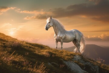 Obraz na płótnie Canvas A white horse standing on top of a lush green hillside. Generative AI image.