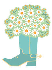 Cowboy boot floral. Vector cowboy boot and fresh chamomile bouquete isolated on white background. Country decoration for design