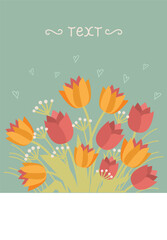 Greeting card with tulips. Vector vintage flowers card background for text or design. Tulips bouquete card.