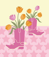 Cowboy boots with flowers decoration. Vector cowboy boots with beautiful yellow pink tulips on stars card backgrolund. Country decoration for design.