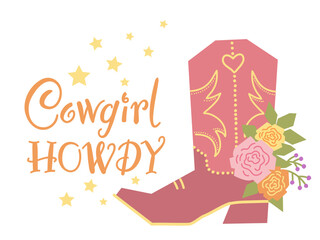Cowboy boot with flowers card decoration. Vector cowgirl boot and roses boquete. Country decoration isolated on white for design. Cowgirl style card with howdy text.