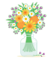 Bouquet of flowers in a bank isolated. Vector beautiful wildflowers in glass vase illustration for design