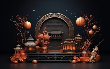 Autumn Festival greeting banner. Cute rabbits,moon scenery in the night forest.Happy Mid Autumn Festival.illustration