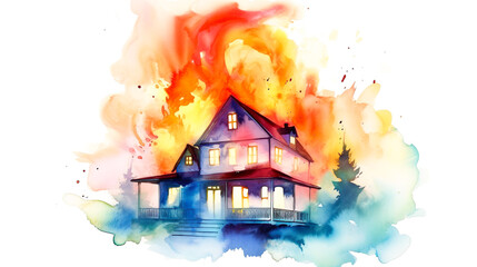 住宅が火事で燃える水彩イラスト　Generative AI