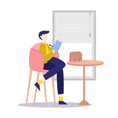 handsome boy writing in notebook leisure studying education learning and sitting with coffe drink cozy place