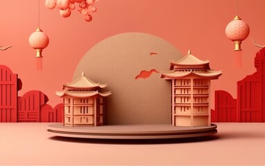 Fototapeta premium Autumn Festival greeting banner. Cute rabbits,moon scenery in the night forest.Happy Mid Autumn Festival.illustration