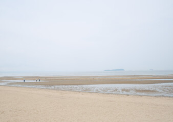 曇り空と干潮の広い砂浜に立つ人々