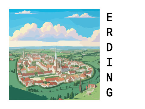 Erding: Vintage artistic travel poster with a German scenic panorama and the title Erding