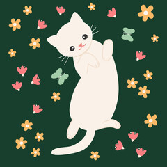 cute lovely cartoon character cat in the meadow with flowers hand drawn illustration