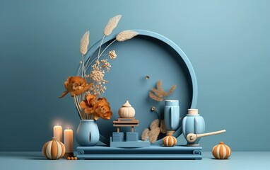 Autumn Festival greeting banner. Cute rabbits,moon scenery in the night forest.Happy Mid Autumn Festival.illustration