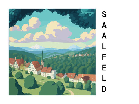 Saalfeld: Vintage artistic travel poster with a German scenic panorama and the title Saalfeld
