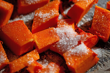 Cooking pumpkin. Cut the pumpkin into pieces. Selective Focus Focus on Sugar.