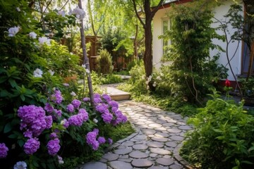 Tile path backyard sunny day. Generate Ai