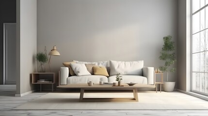 Fototapeta na wymiar White minimalist living room interior with sofa on a wooden floor, decor on a large wall, white landscape in window. Home Nordic interior | Scandinavian interior poster mock up,Generative AI