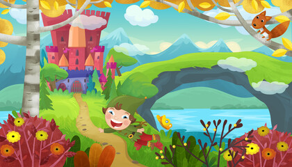 cartoon scene with cheerful smiling dwarf near fairy tale magical castle illustration for children
