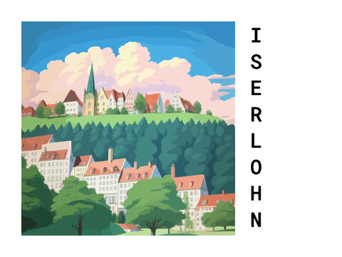 Iserlohn: Vintage artistic travel poster with a German scenic panorama and the title Iserlohn