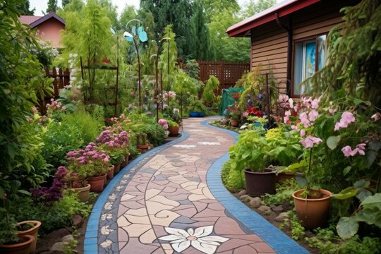 Tile path backyard house. Generate Ai