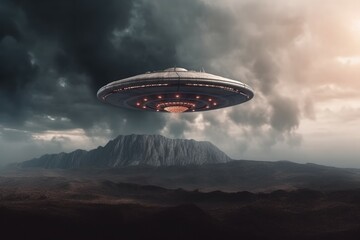 Naklejka na ściany i meble Ufo day spaceship near volcano. Generate Ai