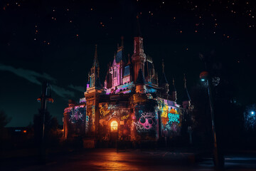 Castle in neon graffiti. Generative AI