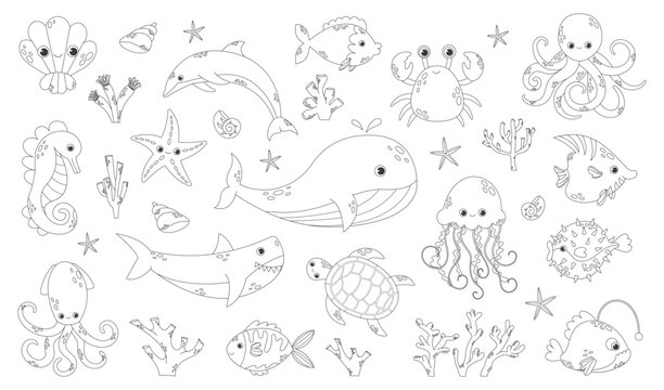 Cute sea creatures and underwater animals doodle set. Water turtle, whale, octopus, jellyfish, crab and fish. Marine life elements in sketch style. Outline vector illustration