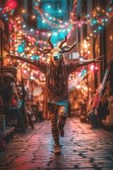Fototapeta na wymiar A person with a deer head walking down a street. Generative AI image.