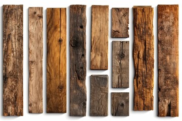 A Collection of Old Wooden Planks Isolated on White - 22 Pieces of Weathered, Broken Wood Fence with Rusty Nails: Generative AI