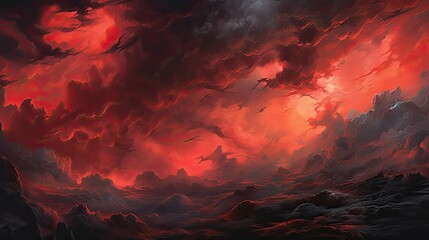 A Mystical Dark Night Sky - An Abstract Red & Black Painting of Lava & Clouds: Generative AI