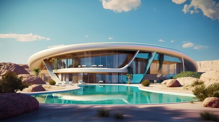 Luxurious Modern Organic Architecture in the Futuristic Desert Oasis - A Science Fiction-Inspired Building with Sleek Metal and Glossy Pools: Generative AI