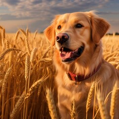 Portrait dog at the wheat field. Generative AI