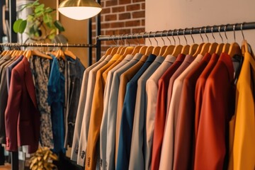 Diversity of formal clothes hanging in modern retail shop. Generative AI