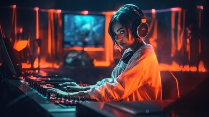 Fototapeta na wymiar A woman in headphones is playing a video game. Generative AI image.