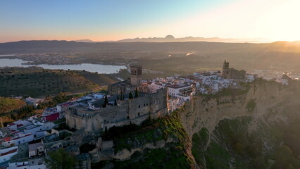 4k Aerial shot of Arcos de la Frontera, Andalucia at sunset, Spain. © Dmytro Kosmenko