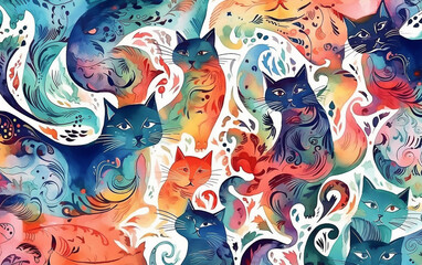  Abstract colorful watercolor background with cats. Generative AI technology.