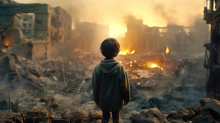 Child in the ruins of his house destroyed by the war. Peace concept