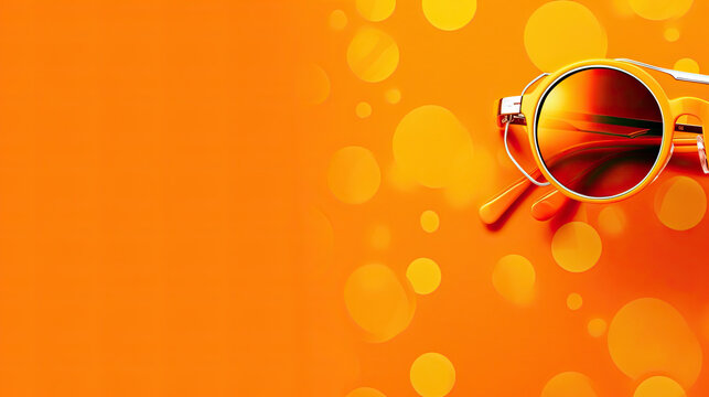 Creative layout made of sunglasses, flat lay on orange background. Summer concept. Sunglasses mockup as design element vacation and journeys top view. Generative AI