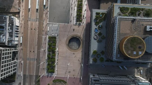 Aerial view of the library of Birmingham, Baskerville House, Centenary Square, Birmingham, West Midlands, England, United Kingdom.