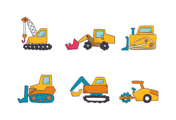 Hand drawn set of colored cute transport. Childish road transport toys set.