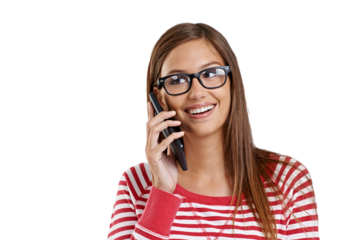 Phone call, thinking and happy woman or student in university choice or feedback isolated on transparent png background. News, contact and person for help, info and college or education communication